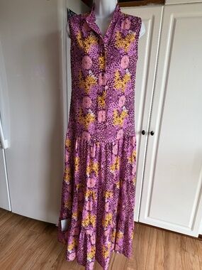 New Area Stars Cari Dropwst Maxi Dress Vibrant Purple Yellow Tiered Ruffle Hem S